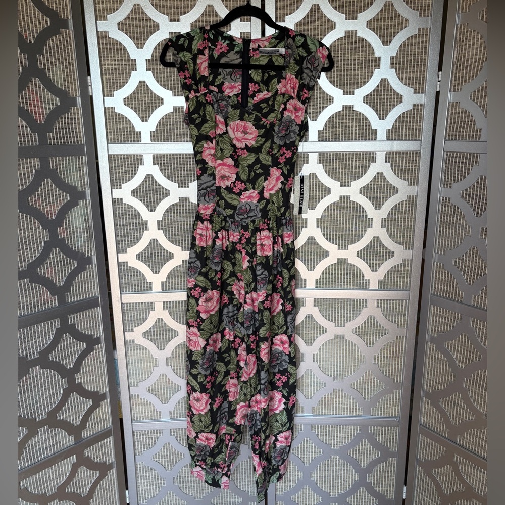 NWT Joni Blair Elegant Black and Pink Floral Jumpsuit with Wrap Top